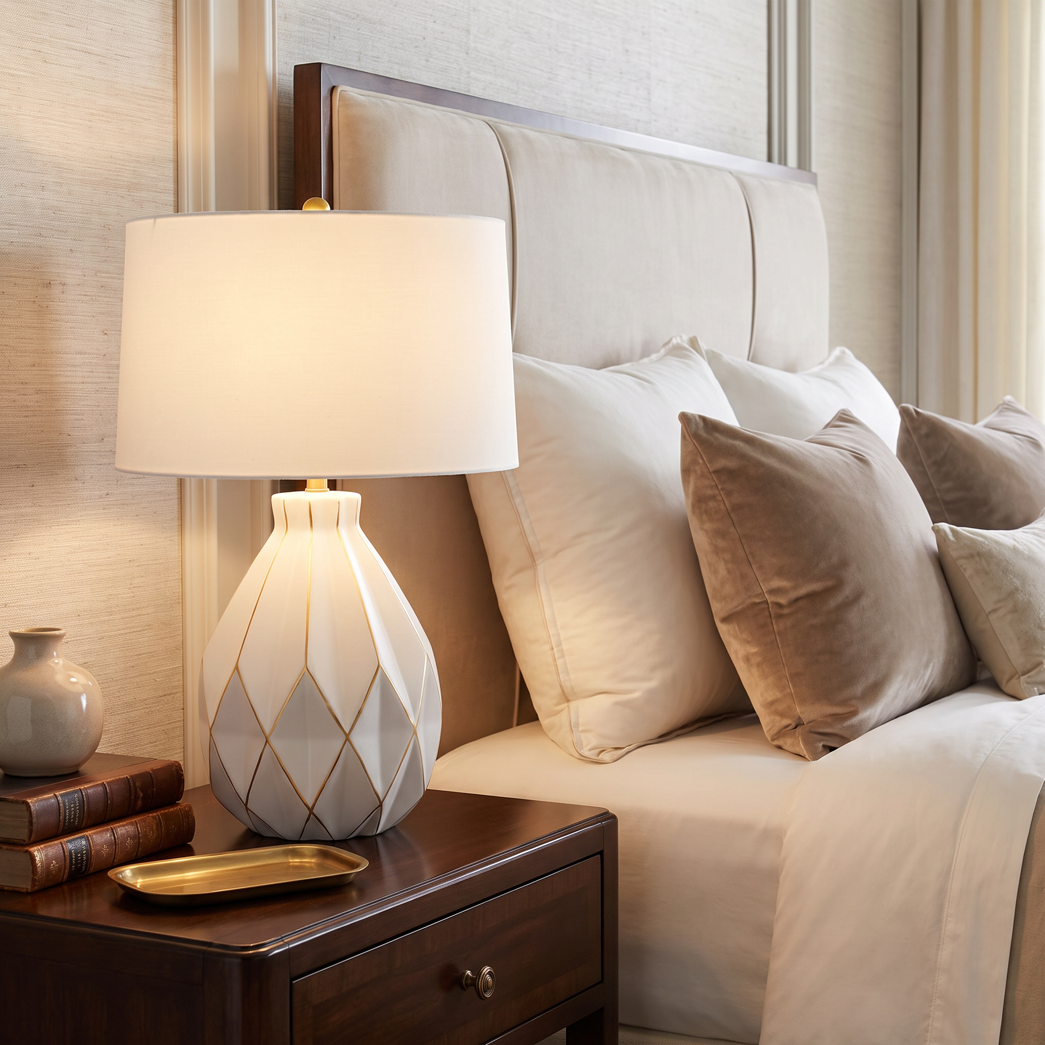 Clara white ceramic lamp on bedroom nightstand