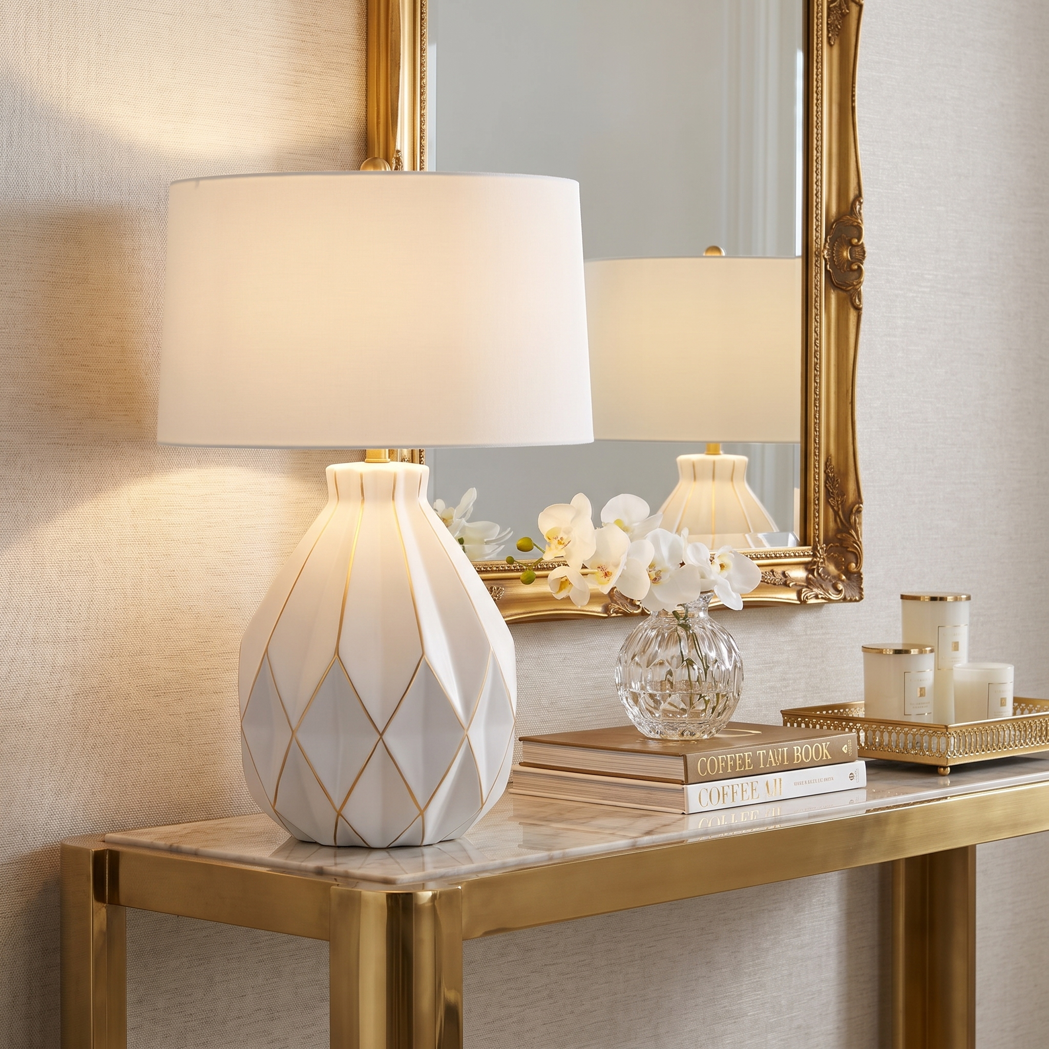 Clara white ceramic lamp on entryway console