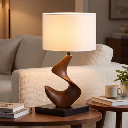 Mira sculptural walnut lamp on lounge side table