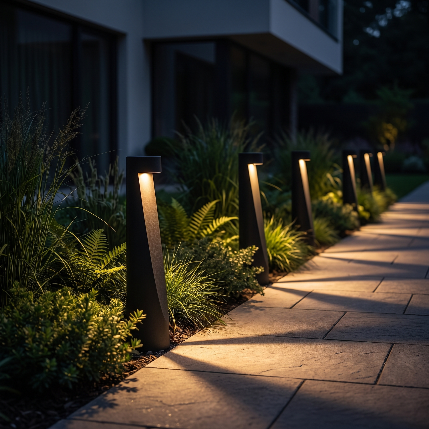 Fenn path bollard along backyard garden border at night