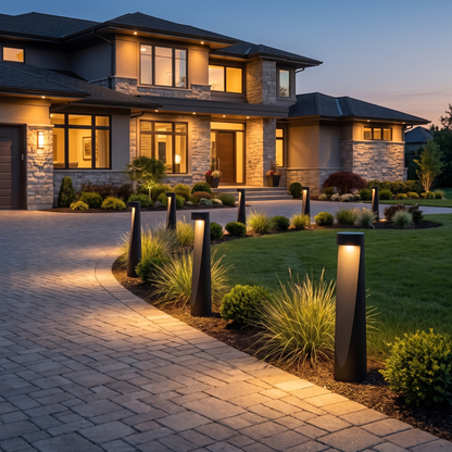 Fenn path bollard lining driveway edge at twilight