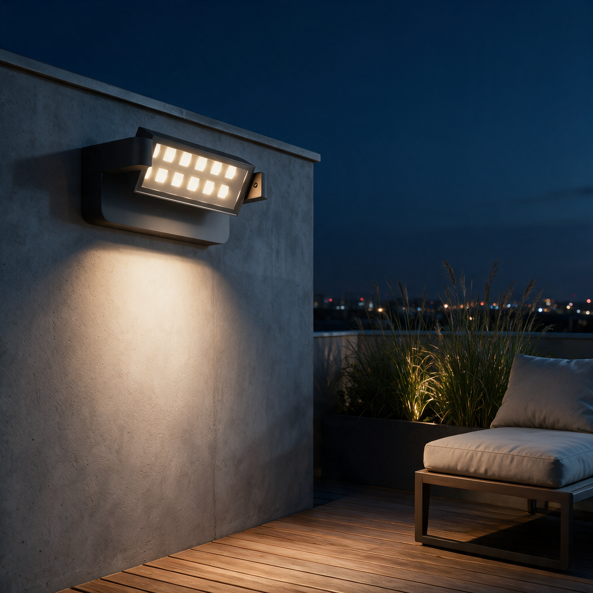 Orbis adjustable wall light washing a rooftop terrace wall beside an outdoor daybed
