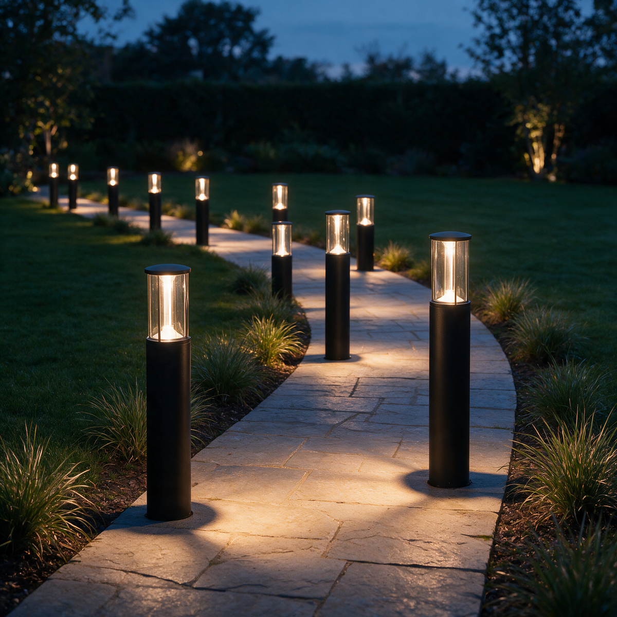 Marlow black bollard lights lining a curved stone garden path at dusk