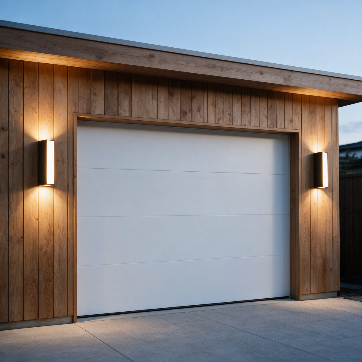 Pair of Strato wall lights flanking a garage door on a timber clad facade