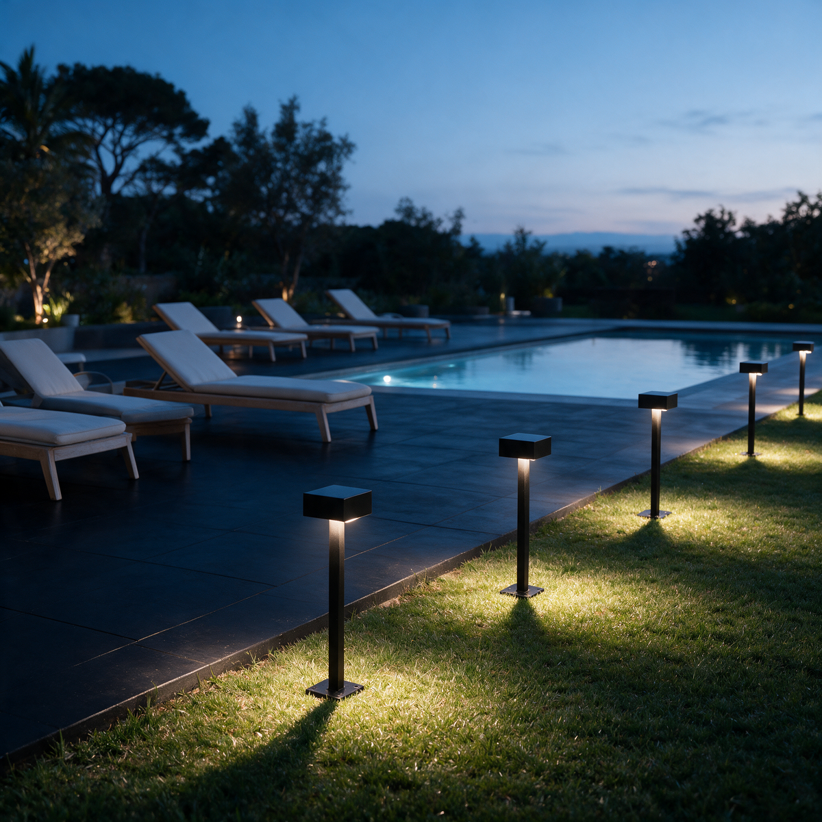 Rowan Style B path lights along a lawn edge beside a swimming pool terrace