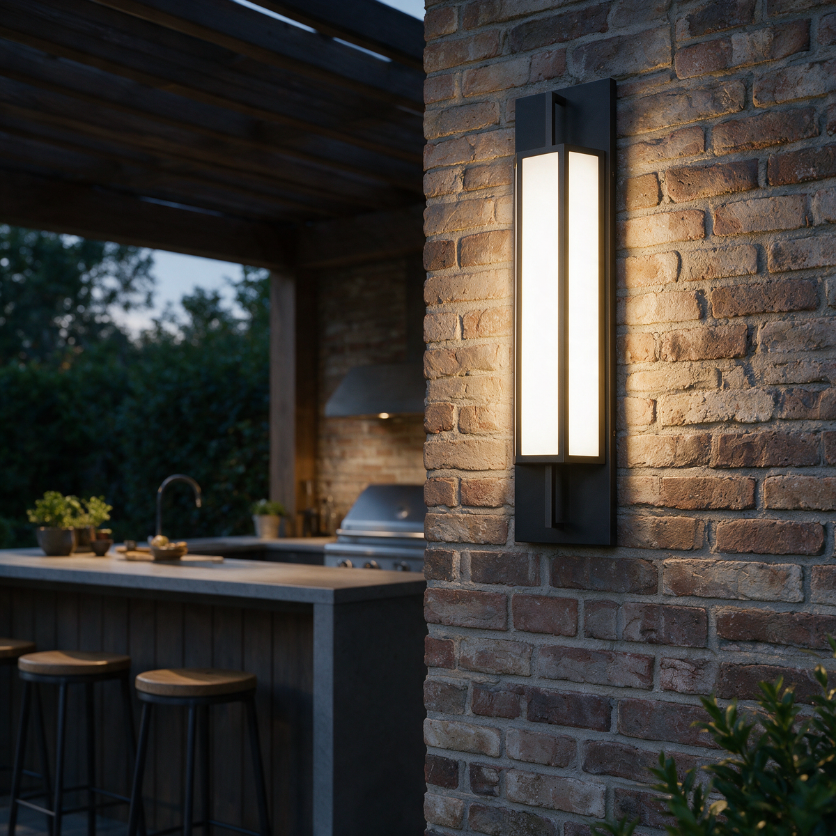 Linnea linear wall light on a brick wall beside a covered outdoor kitchen