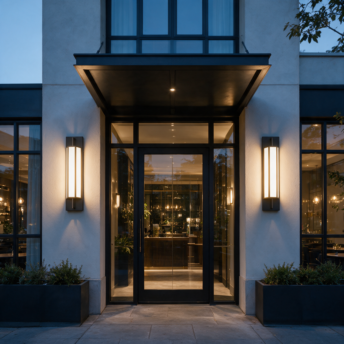 Pair of Linnea wall lights flanking the glazed entrance of a boutique hotel at dusk