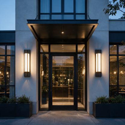 Pair of Linnea wall lights flanking the glazed entrance of a boutique hotel at dusk