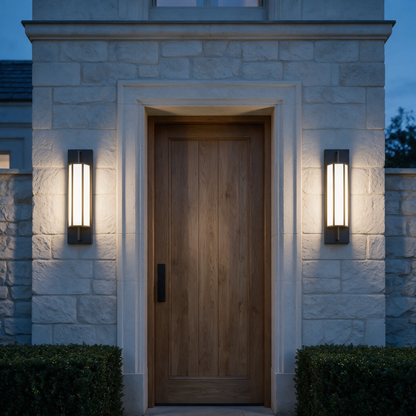 Pair of Linnea linear outdoor wall lights flanking a timber front door at blue hour