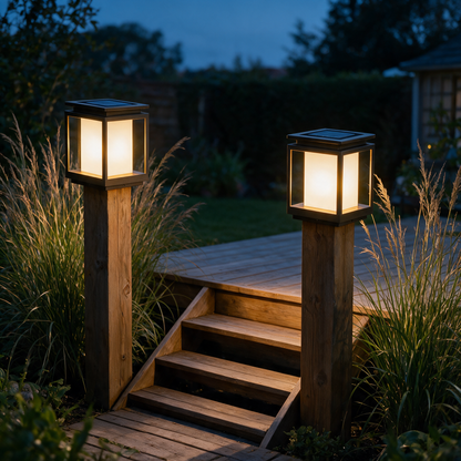 Pair of Portico lantern lights on timber deck stair posts at blue hour