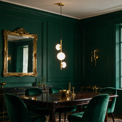 Tresa 3 Light Linear Pendant Light in Gold and White above a formal dining table with deep green panelled walls