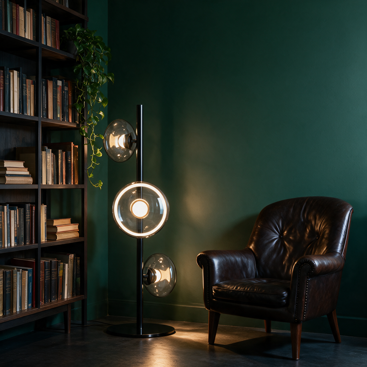 Juniper Floor Lamp in Black and Smoke Gray in a reading corner beside a bookshelf