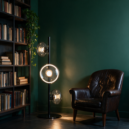 Juniper Floor Lamp in Black and Smoke Gray in a reading corner beside a bookshelf