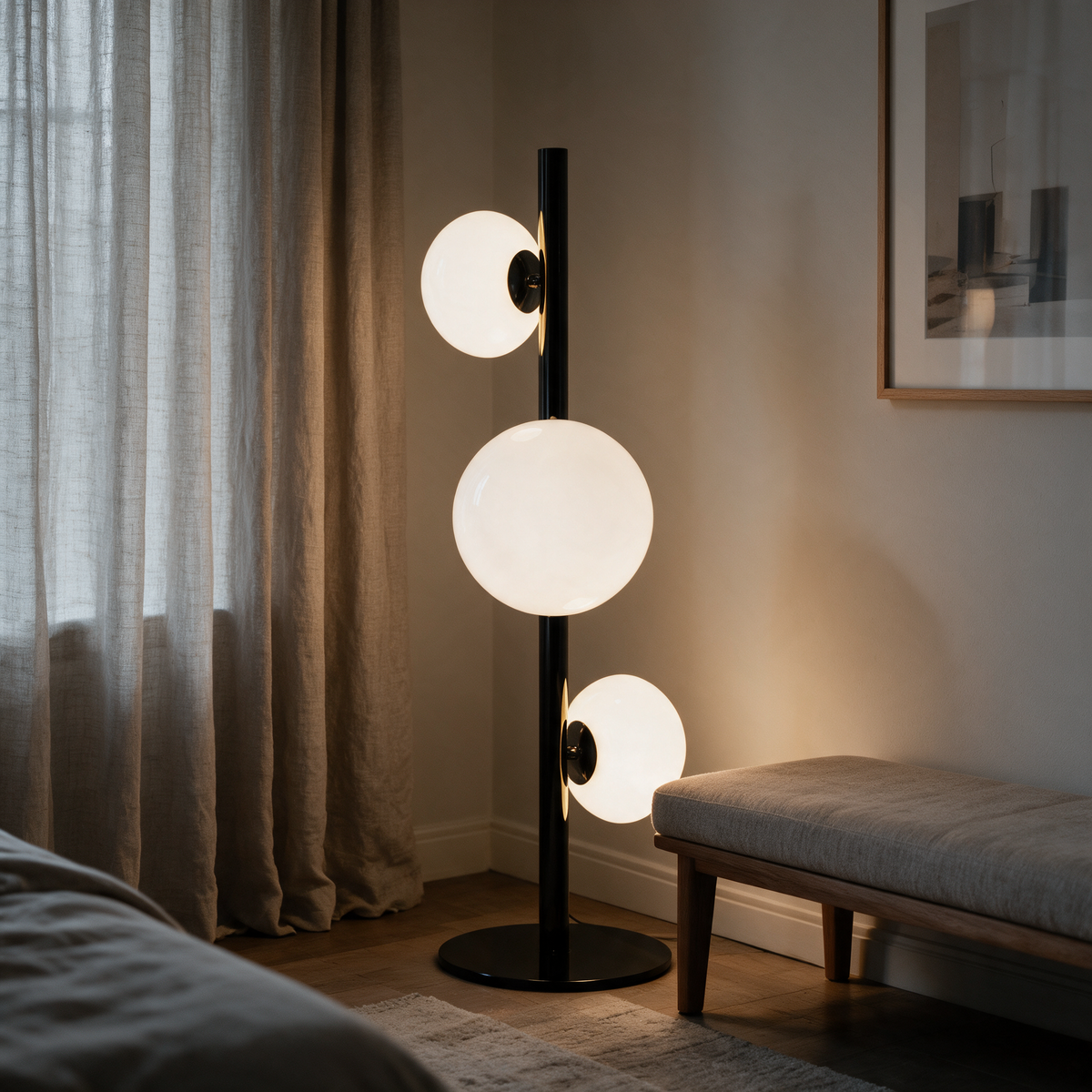 Juniper Floor Lamp in Black and White in a bedroom corner beside an upholstered bench