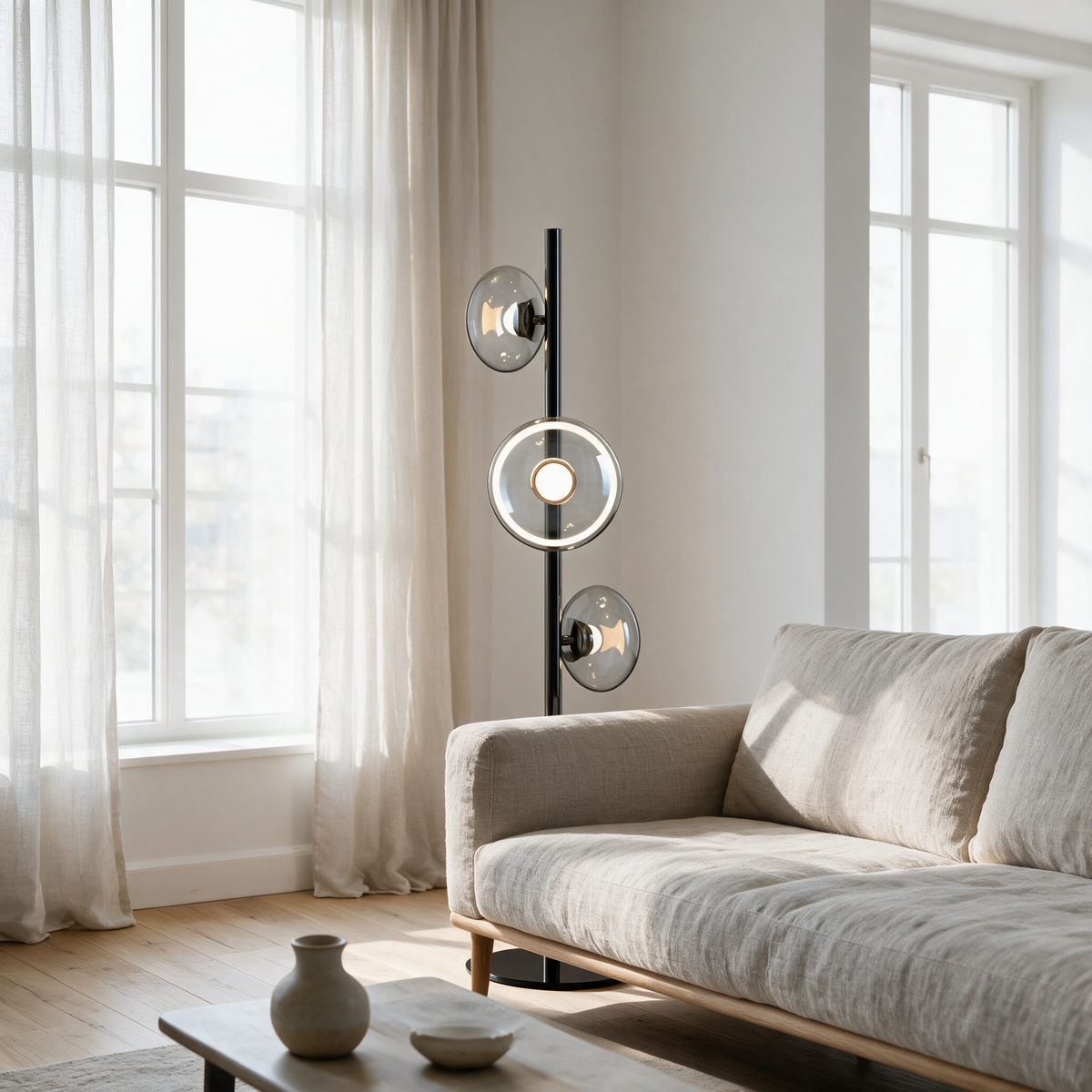 Juniper Floor Lamp in Black and Smoke Gray behind a linen sofa in a bright apartment