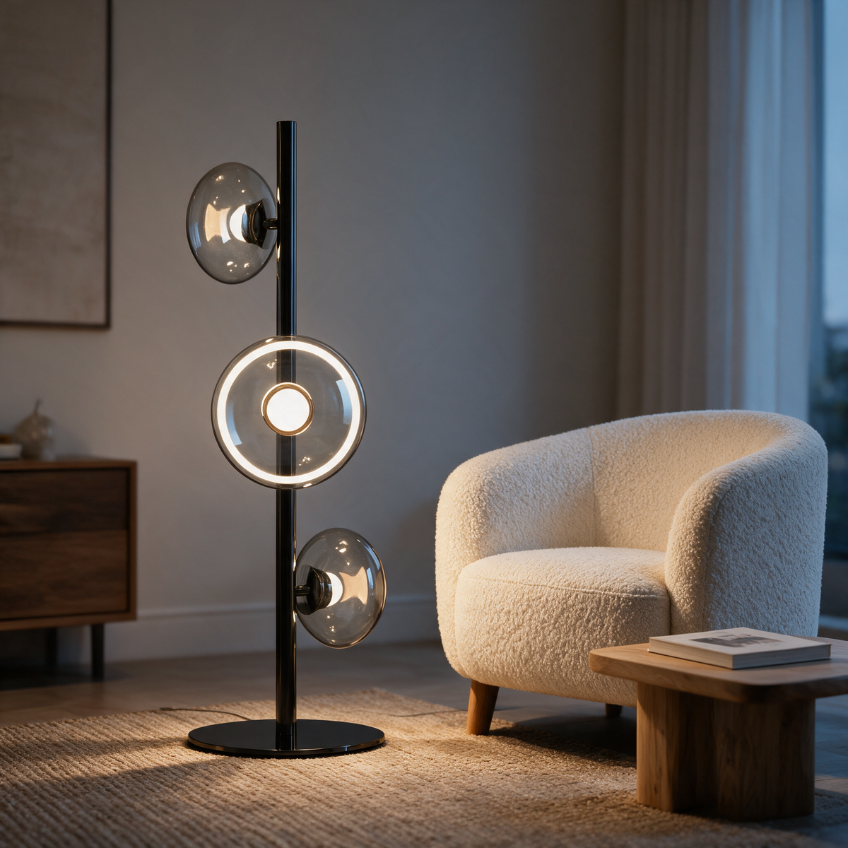 Juniper Floor Lamp in Black and Smoke Gray beside a boucle armchair in a modern living room