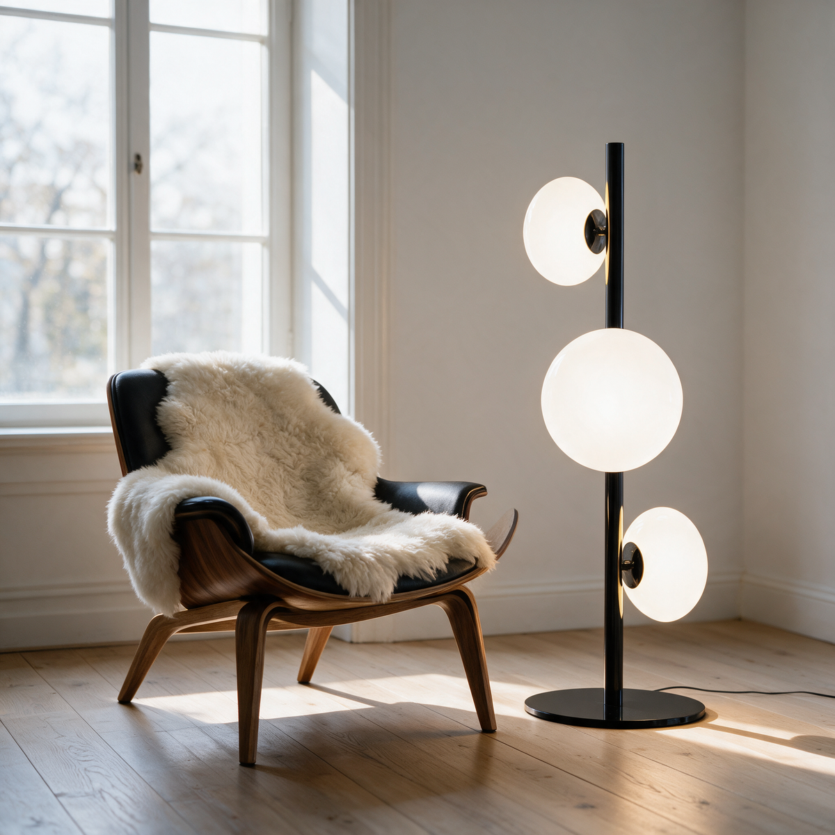 Juniper Floor Lamp in Black and White beside a mid-century lounge chair by a window