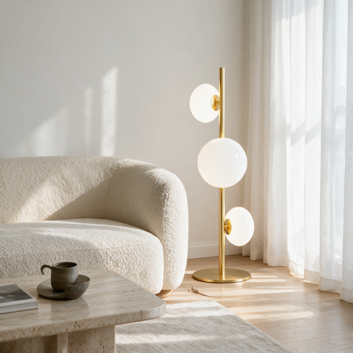 Juniper Floor Lamp in Gold and White beside a cream boucle sofa in a bright minimalist apartment