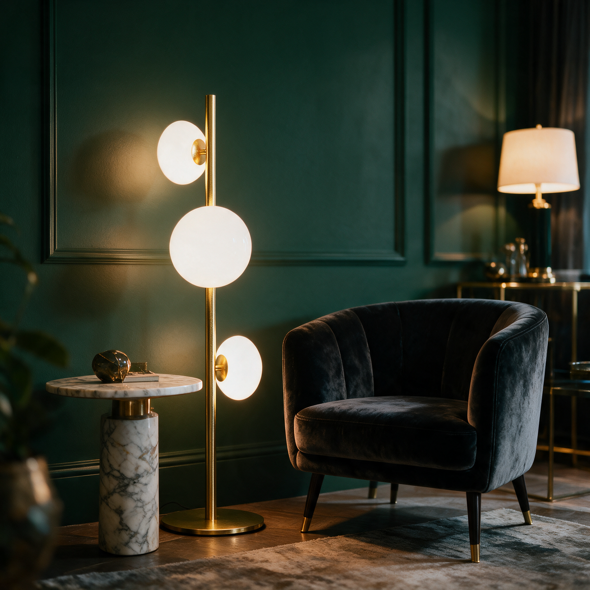 Juniper Floor Lamp in Gold and White beside a velvet armchair in a luxe living room