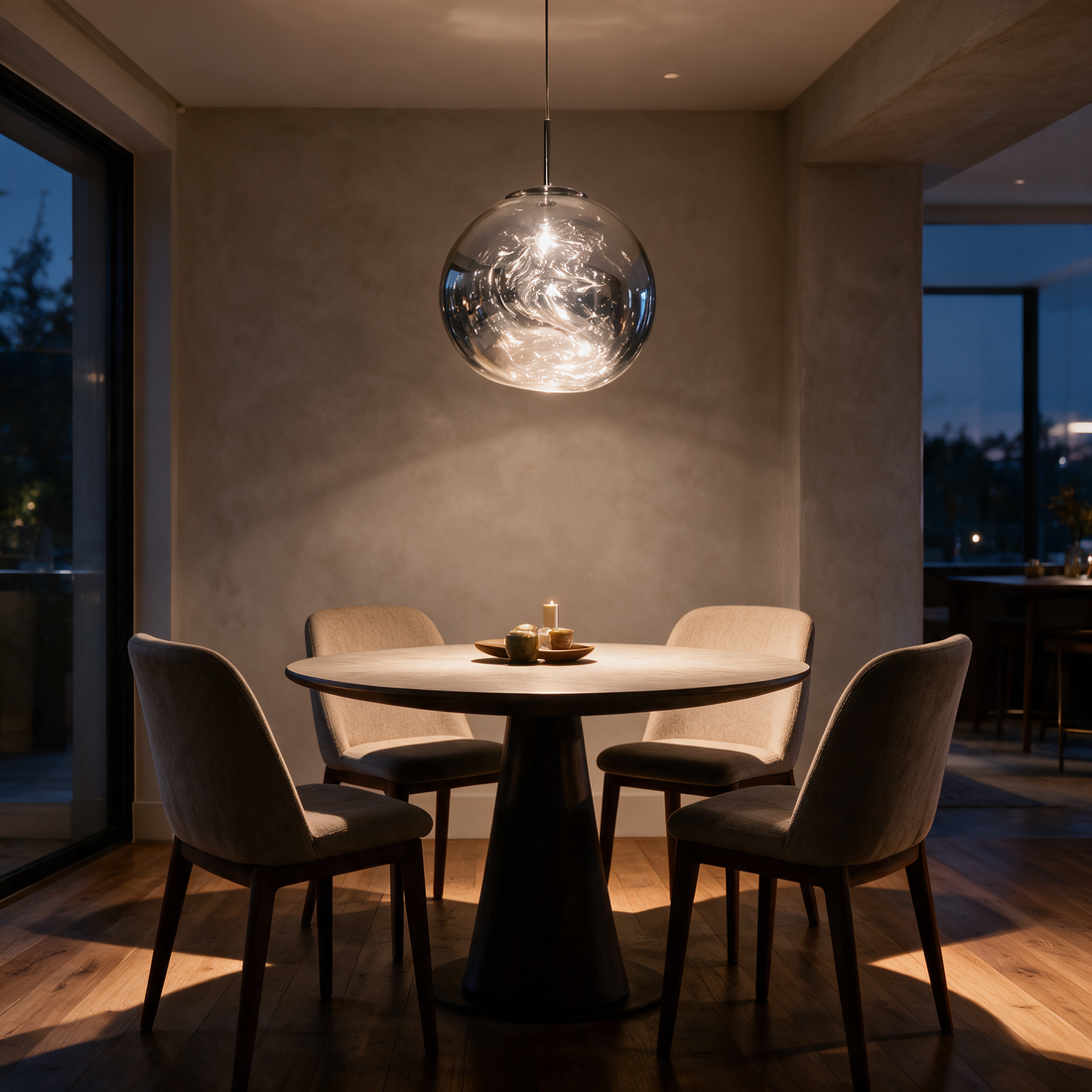 Drift Melt Glass Globe Pendant Light in Silver above a round dining table in warm evening light