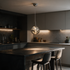 Cascade Acrylic LED Pendant Light in Smoke Gray above a kitchen island with a dark stone countertop