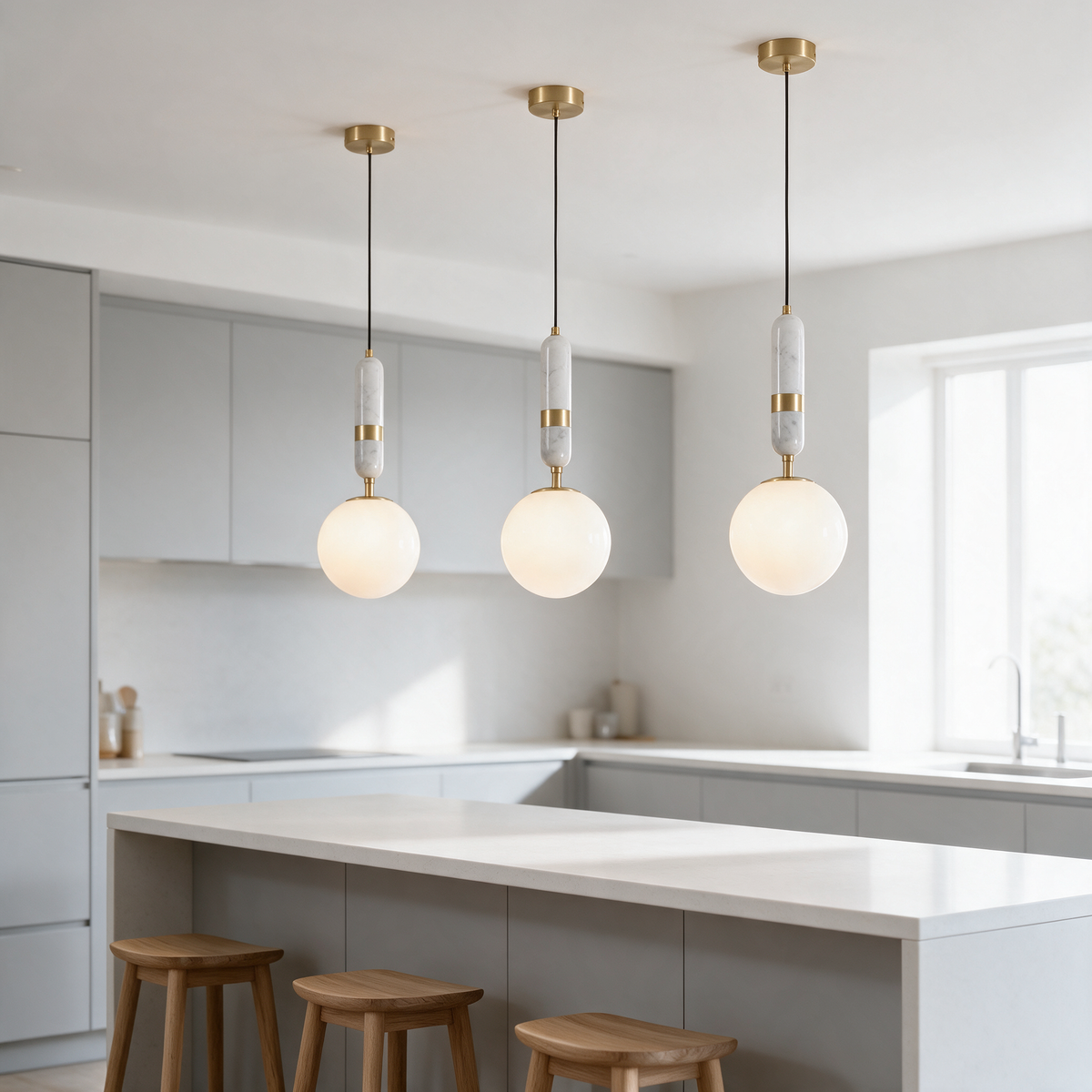 Sphera Modern Globe Pendant Light hanging as a row of three above a kitchen island