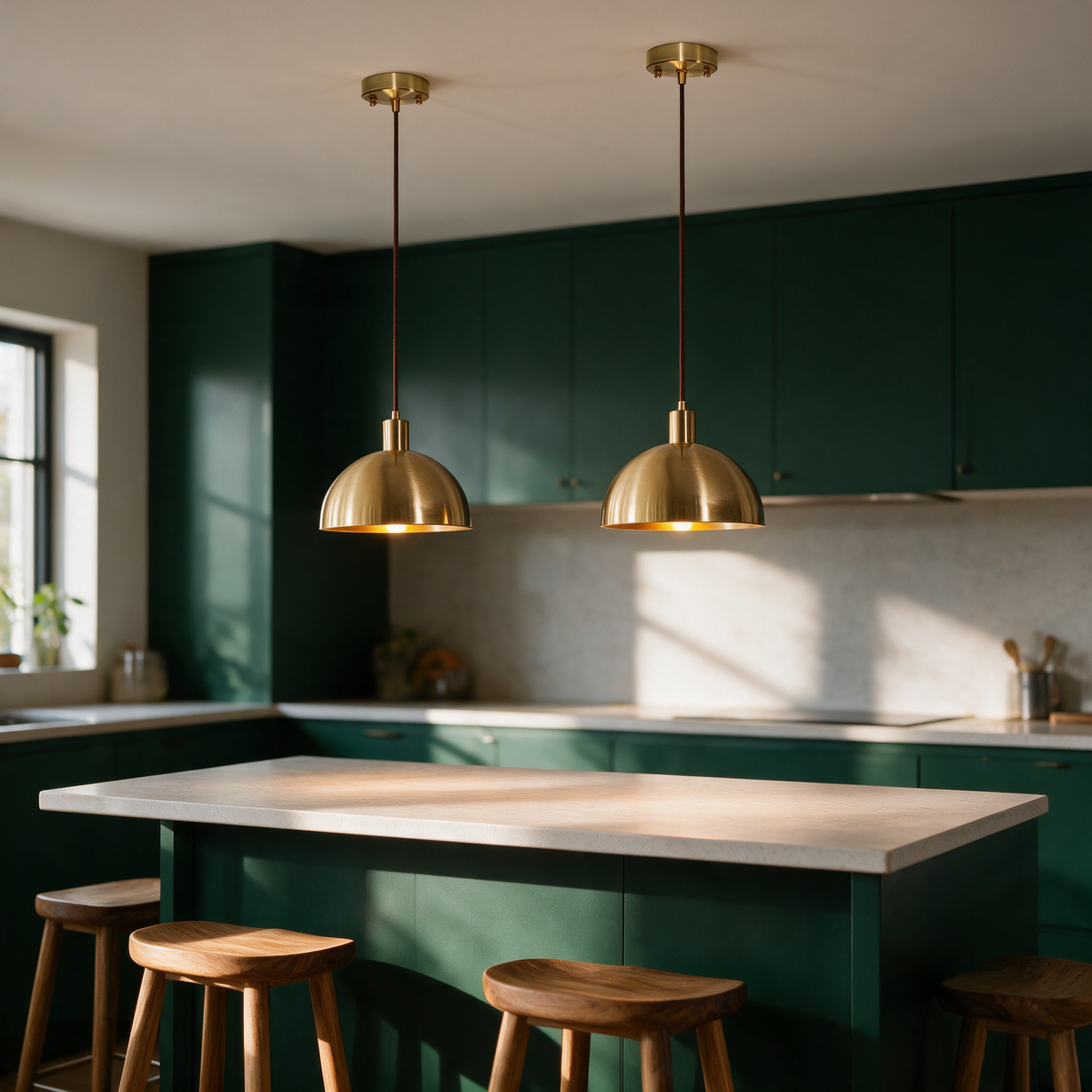 Alder Brass Nordic Pendant Light hanging as a pair above a kitchen island with green cabinetry