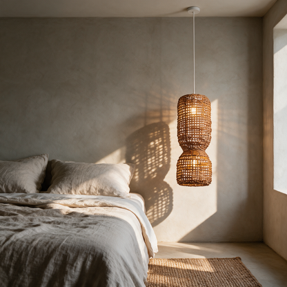 Savi Rattan Weave Pendant Light in a bedroom casting patterned shadows in morning light