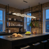 Wilder black multiwave LED chandelier over an industrial kitchen island