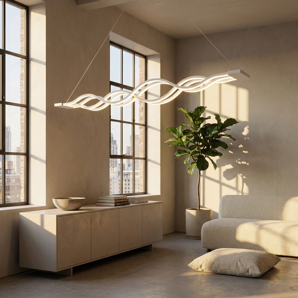 Wilder white multiwave LED chandelier in an open-plan minimalist loft