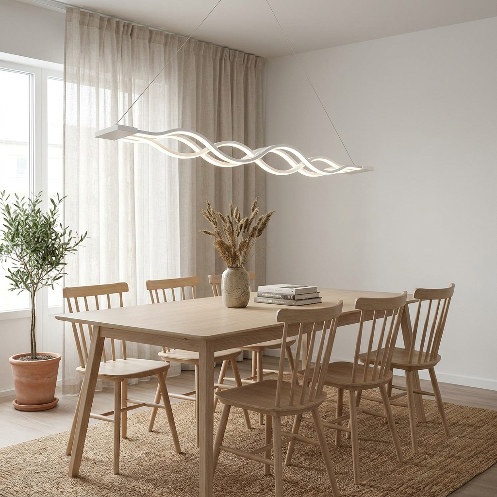 Wilder white multiwave LED chandelier over a Scandinavian oak dining table