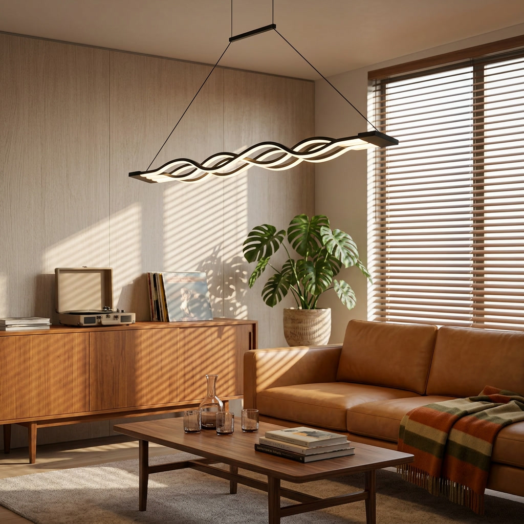 Wilder black multiwave LED chandelier in a mid century apartment living room