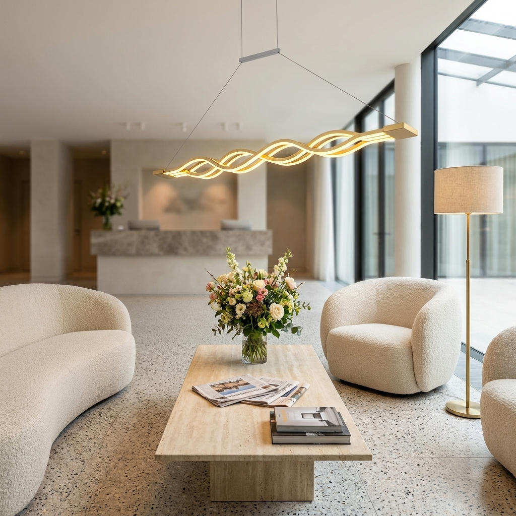 Wilder gold multiwave LED chandelier in a hotel lobby lounge
