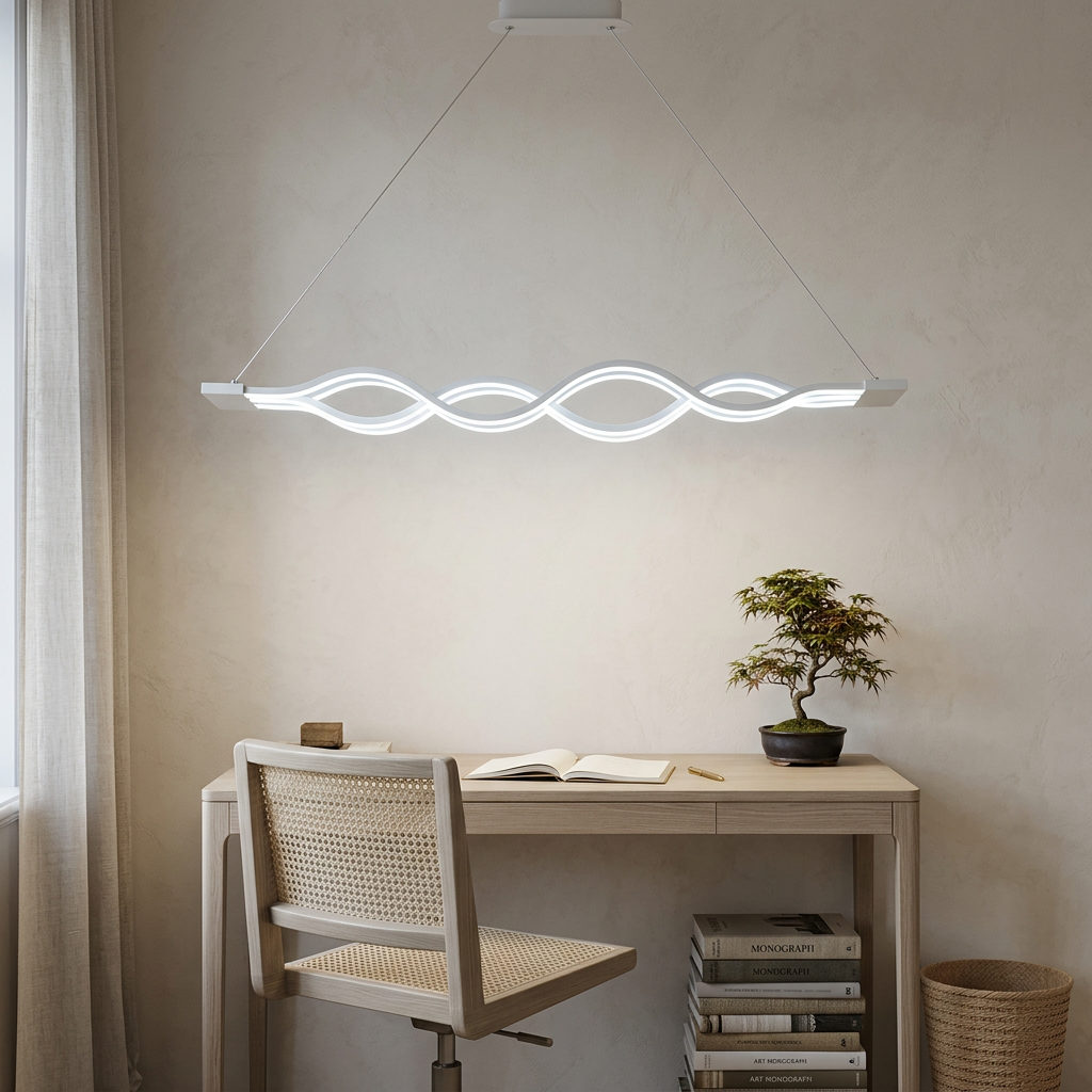 Wilder white multiwave LED chandelier over a Japandi home office desk