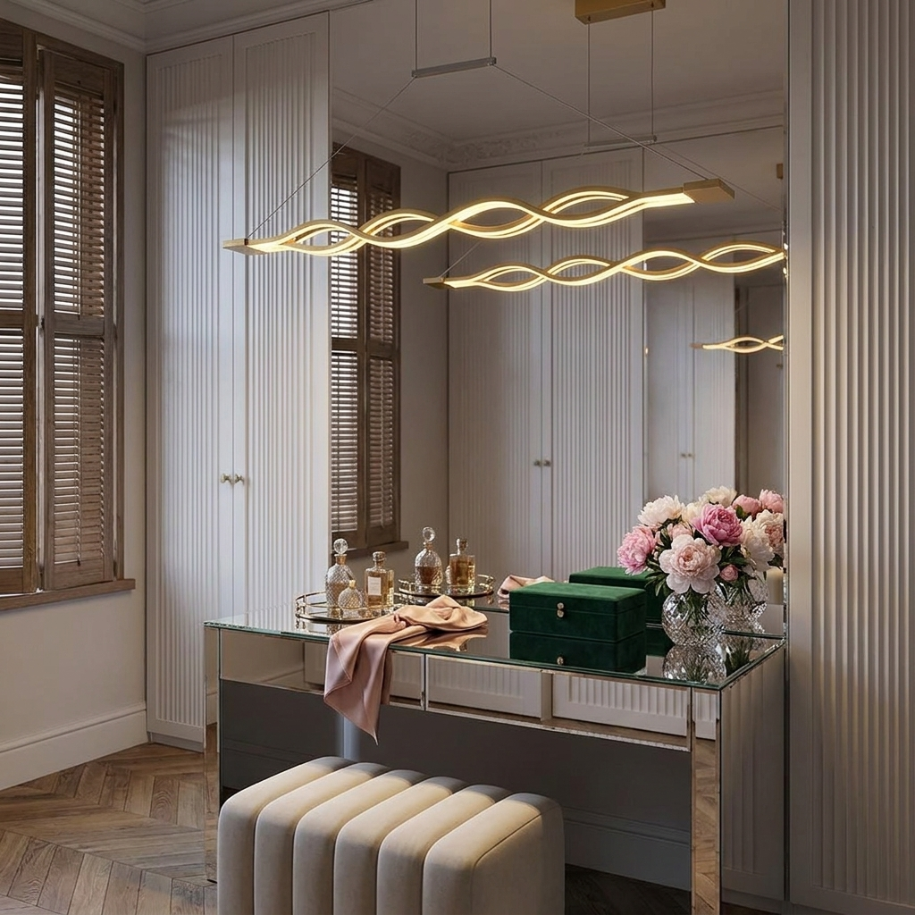 Wilder gold multiwave LED chandelier over a dressing room vanity