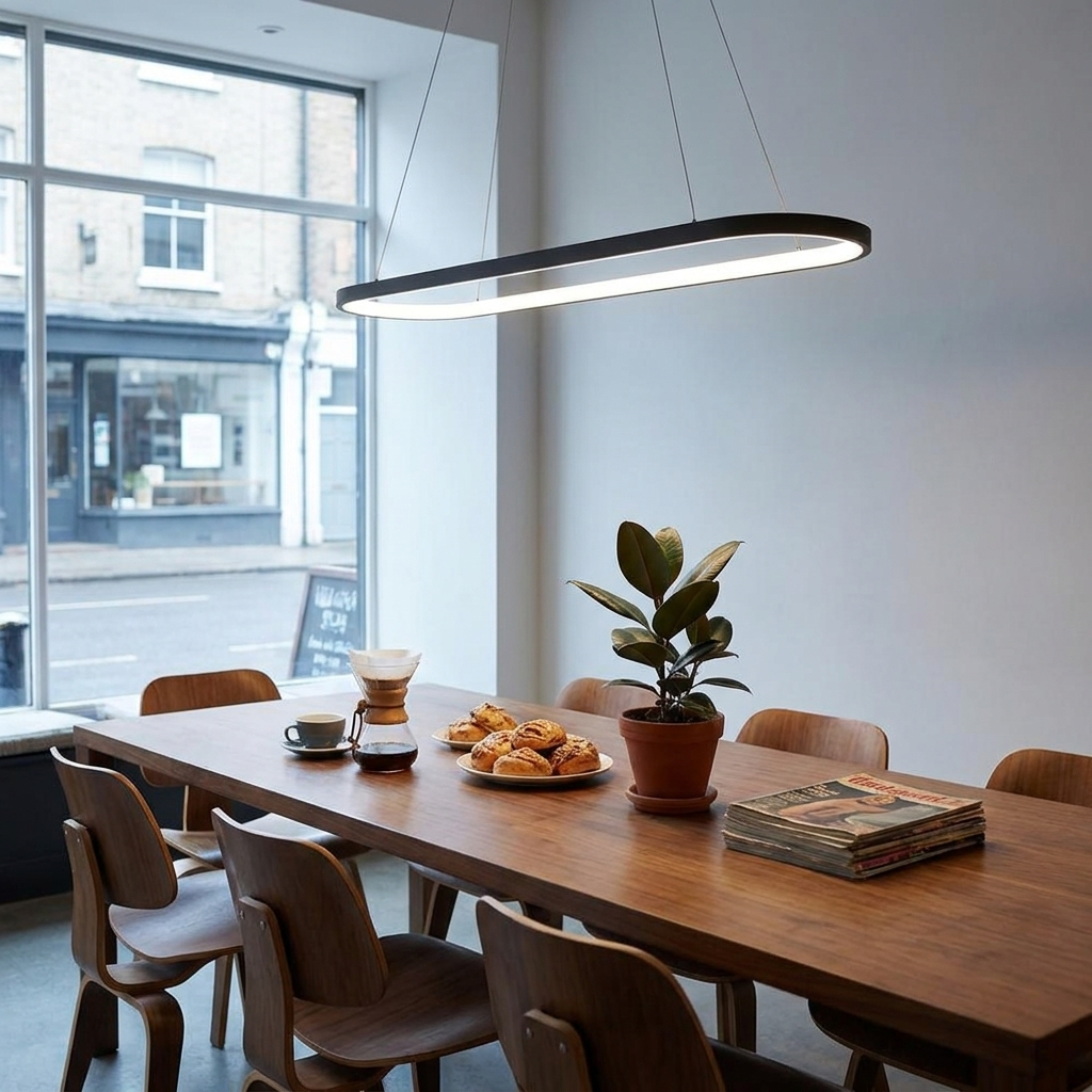 Wynn black curved rectangle ring pendant over a mid century cafe table