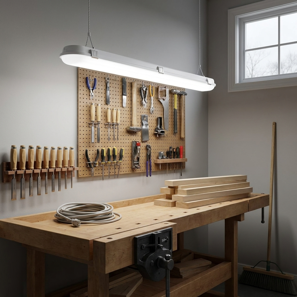 Whitby white tri proof industrial pendant over a workshop workbench