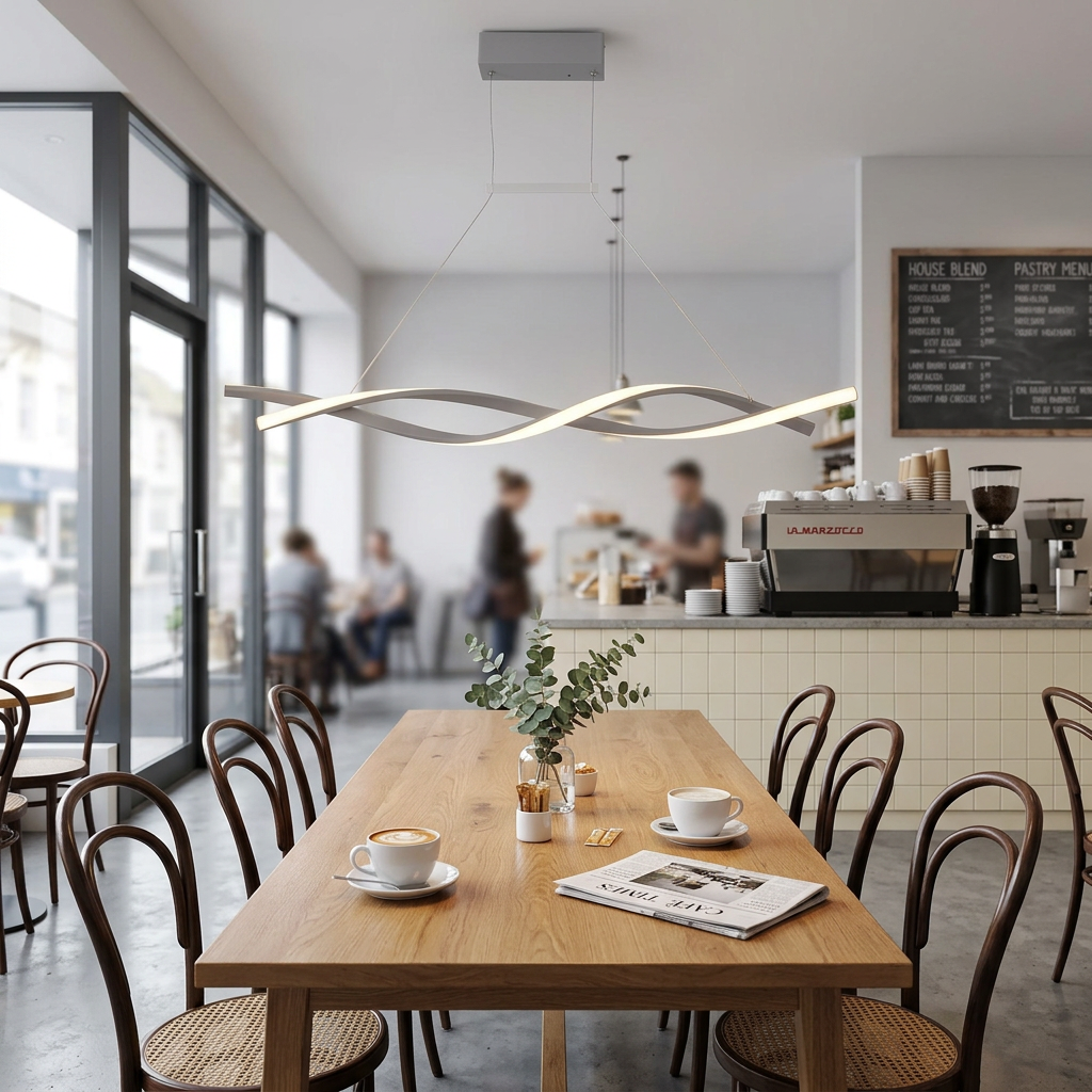 Tessa gray interwoven wave pendant light over a cafe communal table