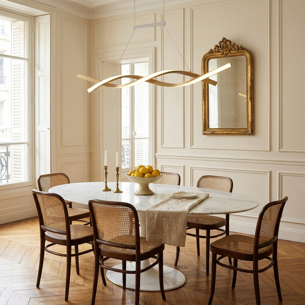 Tessa gold interwoven wave pendant light over a French classic dining table