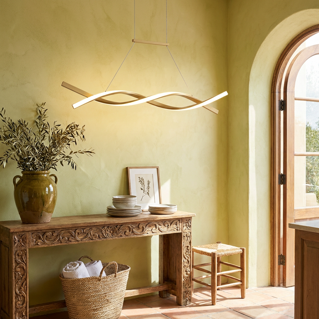 Tessa gold interwoven wave pendant light in a Mediterranean entry hall