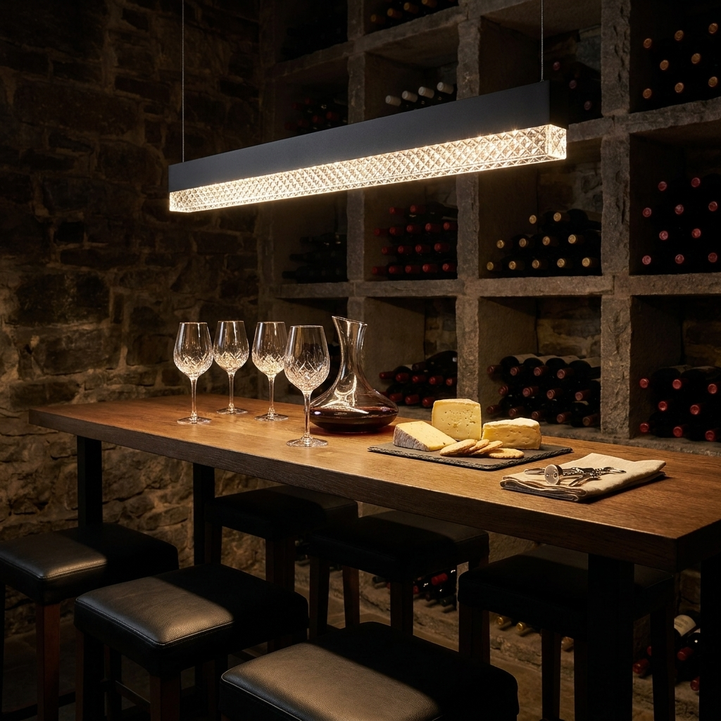 Vaughn black diamond panel linear pendant over a wine cellar tasting table
