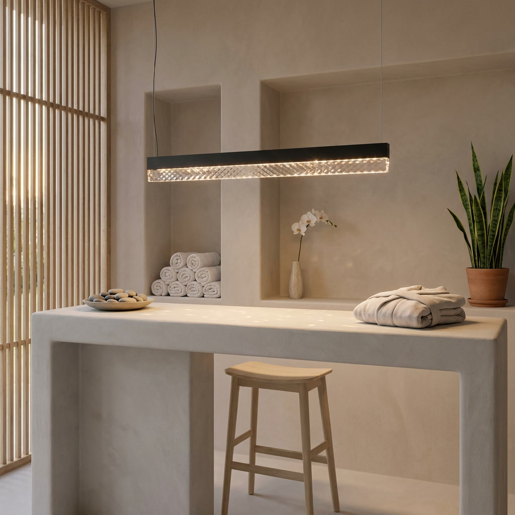 Vaughn black diamond panel linear pendant above a spa reception desk
