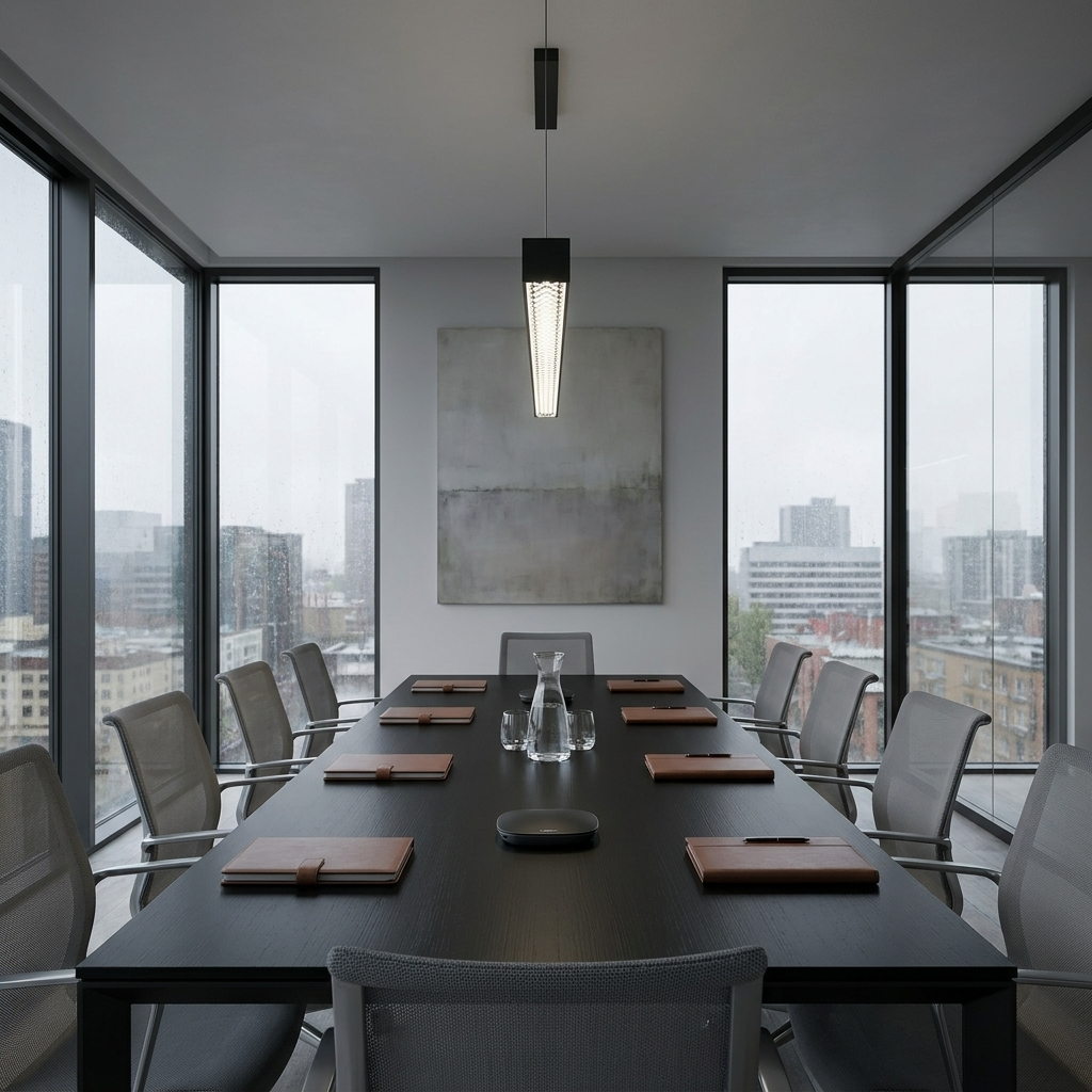 Vaughn black diamond panel linear pendant above a boardroom meeting table