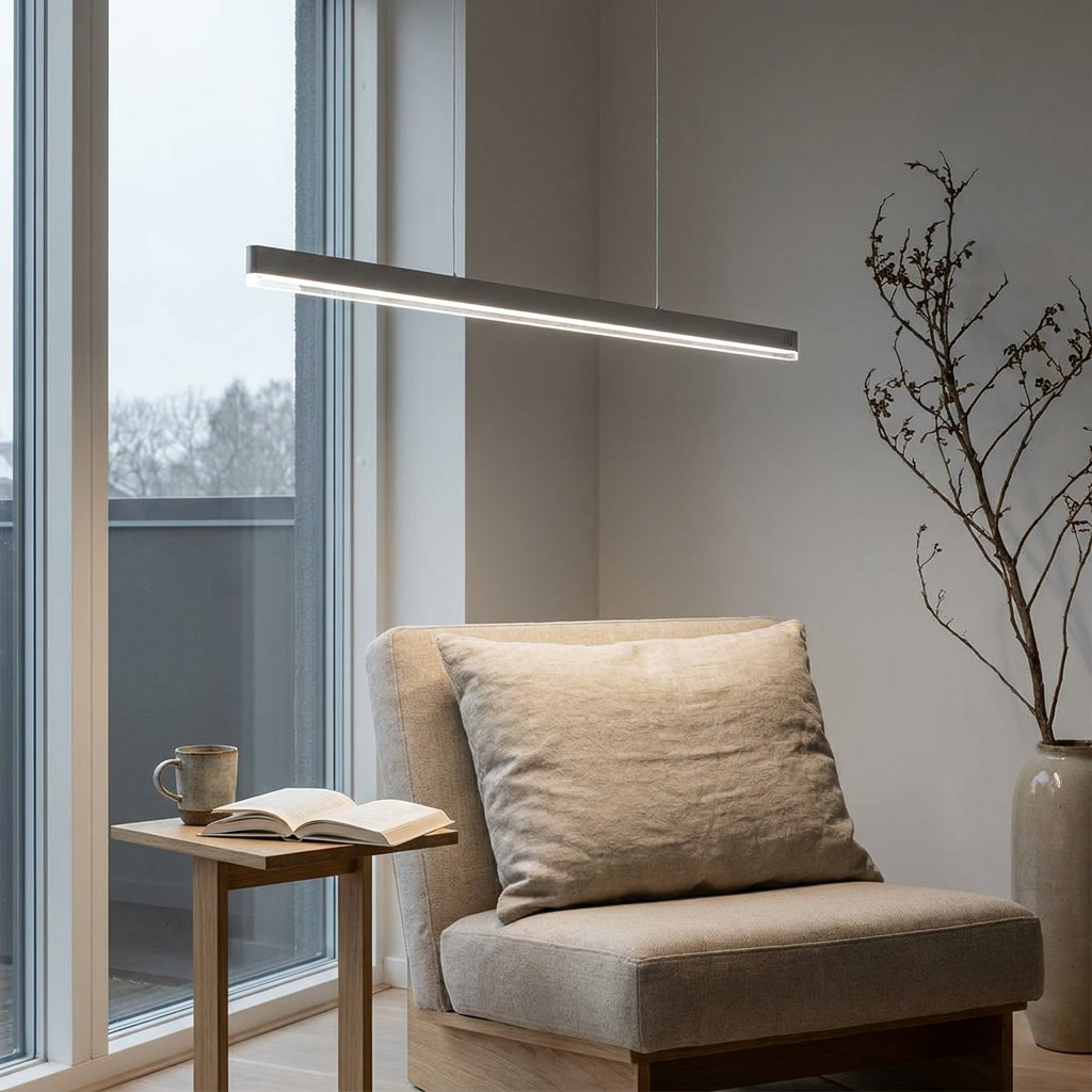 Winslow gray linear suspension light beside a Japandi reading corner chair