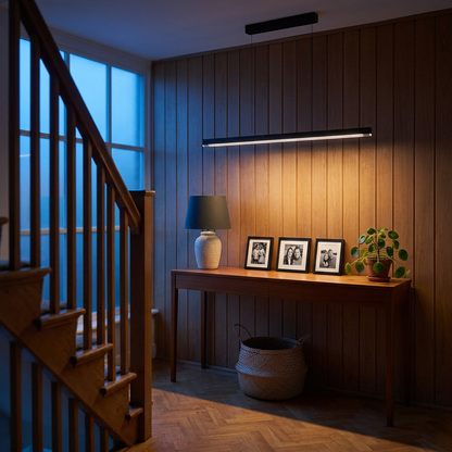 Winslow black linear suspension light above a mid century landing console