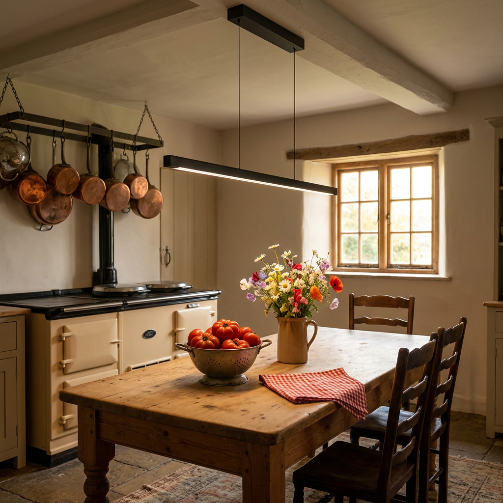 Winslow black linear suspension light over a farmhouse kitchen prep table