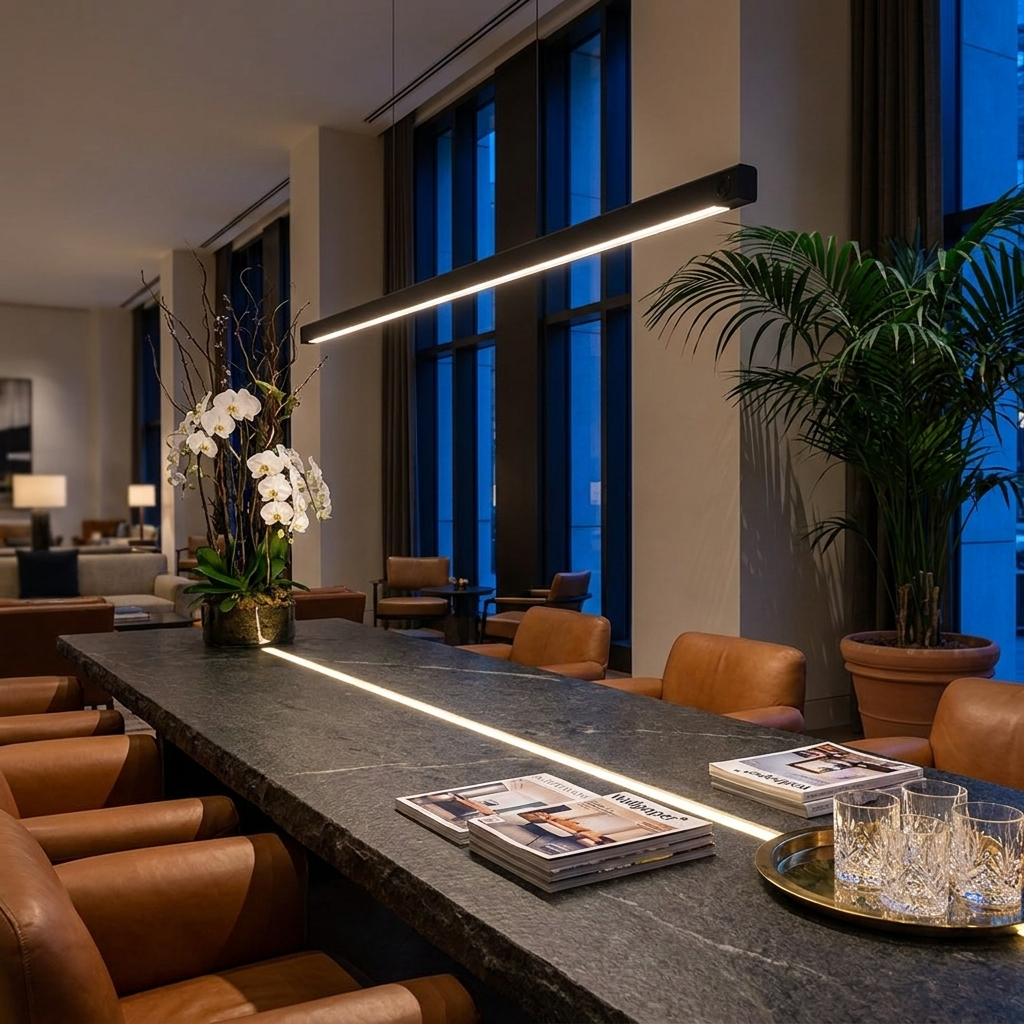 Winslow black linear suspension light over a hotel lobby lounge table