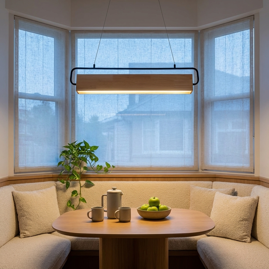 Truett wood rectangle LED pendant light in a breakfast nook