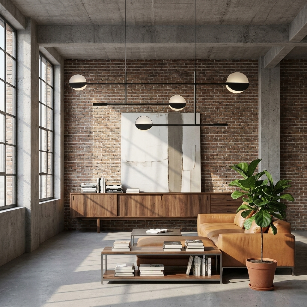 Tobias black iron interlocking rod chandelier in an open-plan industrial loft