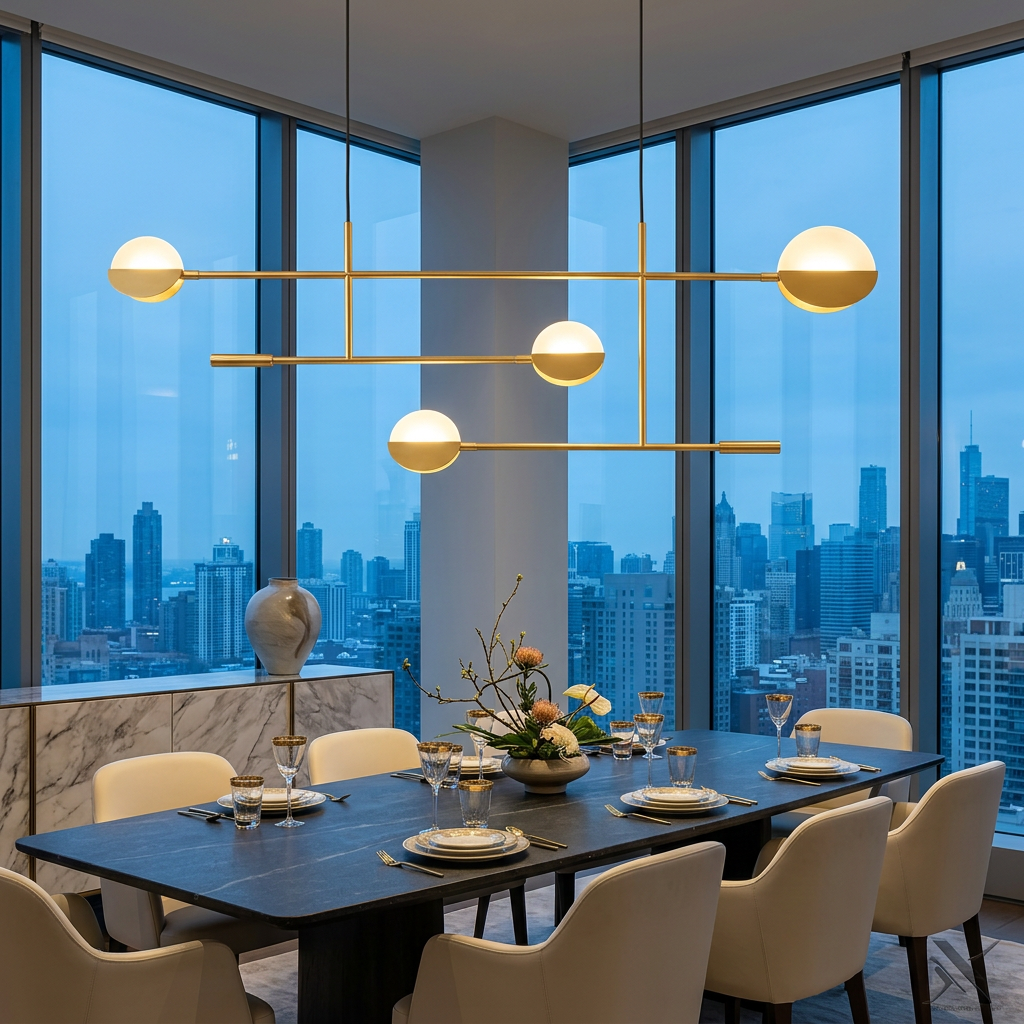 Tobias gold interlocking rod chandelier over a penthouse dining table